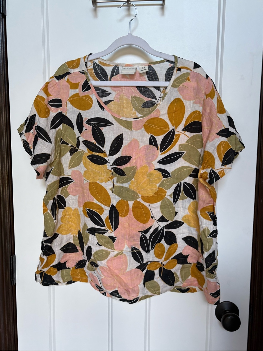 Rachel Zoe 100% Linen Tropical Floral Short Sleeve Top Pink Mustard Green sz 1X